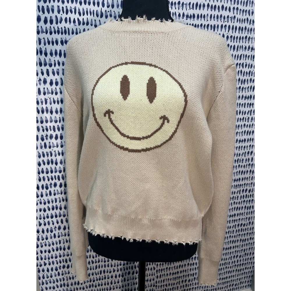 Miss Sparkling Graphic Smiley Face Distressed Hem Sweater Women's Small Beige